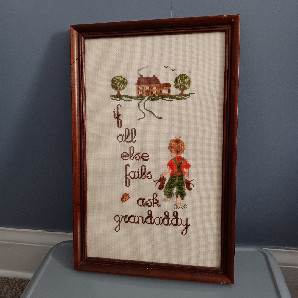 Vintage 70s Framed Cross Stirch Crewel Americana Art